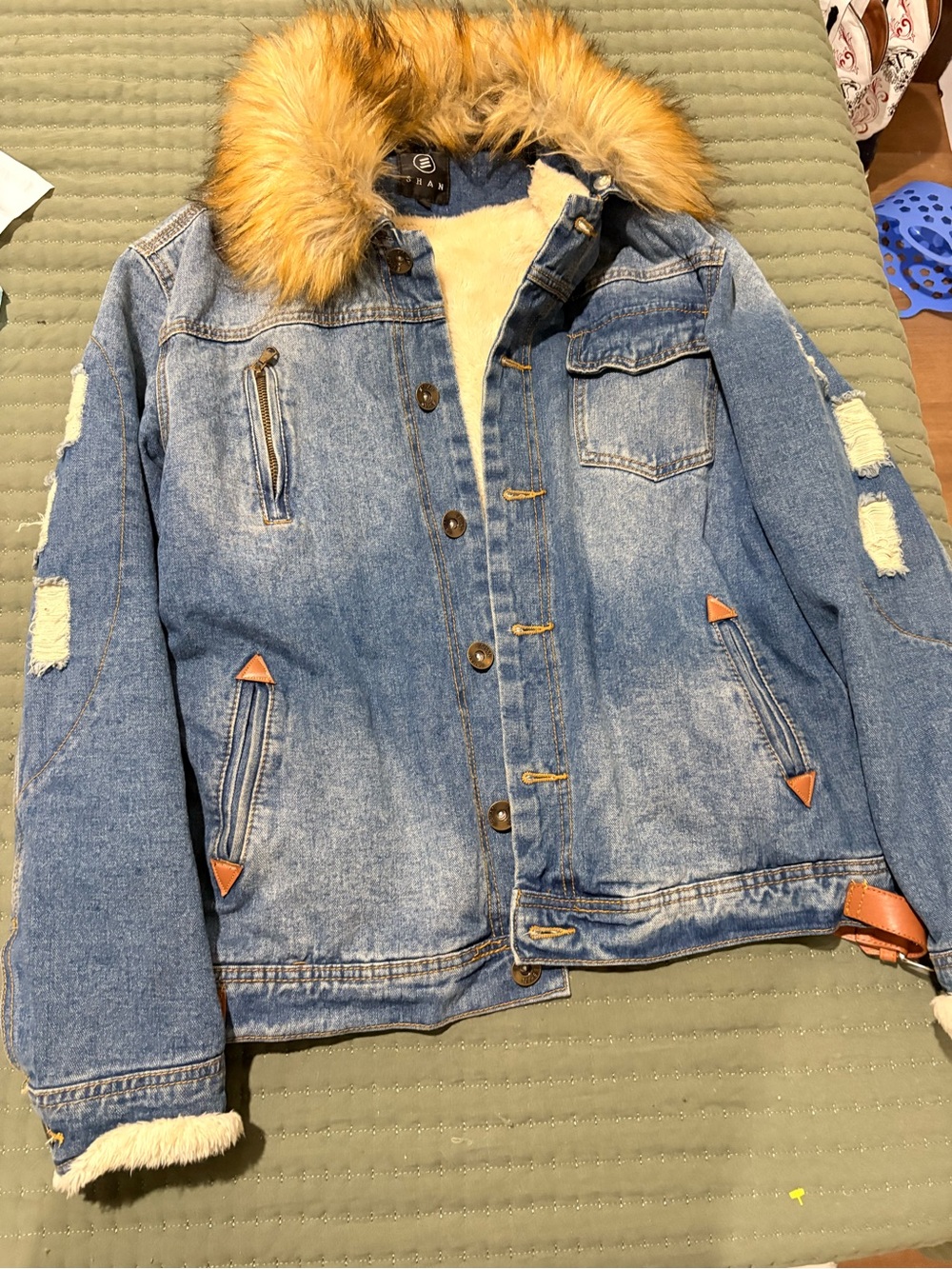 SHAN Blue Denim Sherpa-Lined Jacket with Faux-Fur Hood Trim